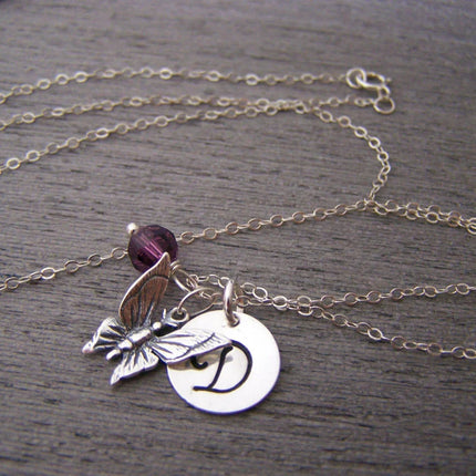 Personalized Butterfly Necklace – Solid Sterling Silver Charm with Birthstone & Initial