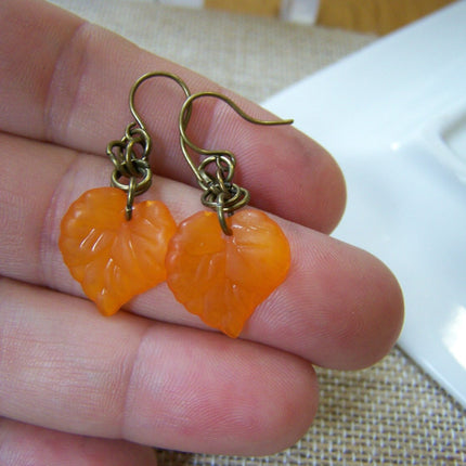 Orange Leaf Dangle Earrings – Acrylic Charms and Antiqued Brass, 1.5 Inch