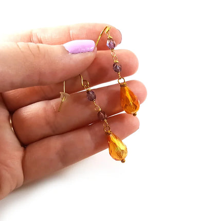 Purple & Orange Czech Glass Beaded Drop Earrings