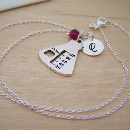 Chemistry Beaker Necklace – Sterling Silver with Birthstone & Initial Charm