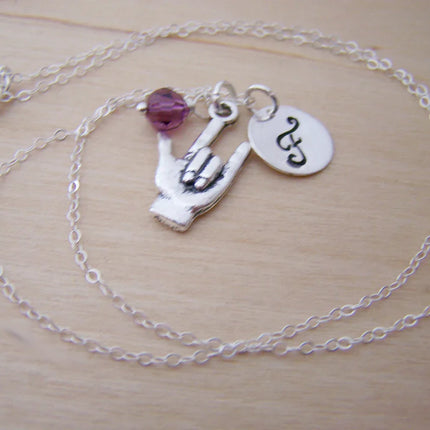 Personalized Sign Language “I Love You” Necklace – Sterling Silver Chain with Birthstone & Initial