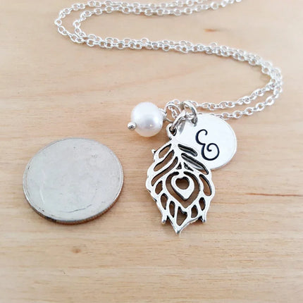 Peacock Feather Necklace – Sterling Silver with Birthstone & Initial Charm