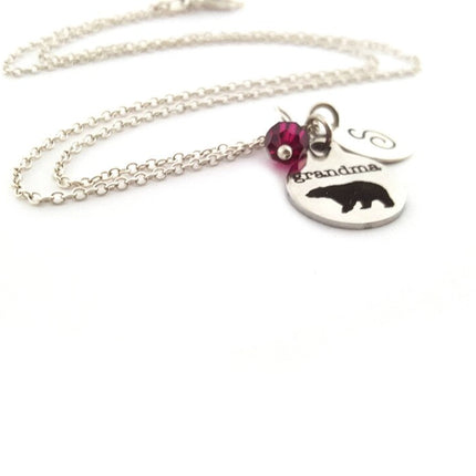 Grandma Bear Necklace – Sterling Silver with Birthstone & Initial Charm