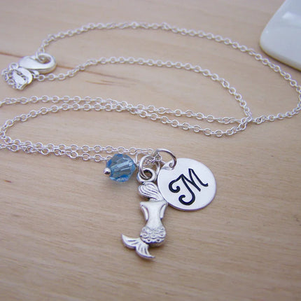 Mermaid Necklace – Sterling Silver with Birthstone & Initial Charm