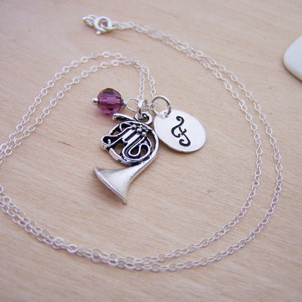French Horn Necklace – Sterling Silver with Birthstone & Initial Charm