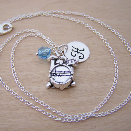 Drums Necklace – Sterling Silver with Birthstone & Initial Charm