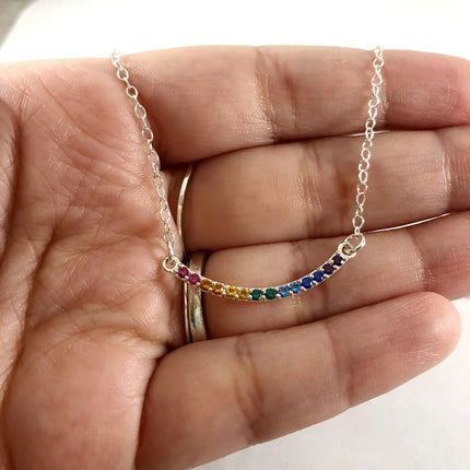Rainbow Nano Gem Curved Bar Necklace – Sterling Silver Pride Jewelry, 18"