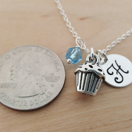 Cupcake Necklace – Sterling Silver with Birthstone & Initial Charm