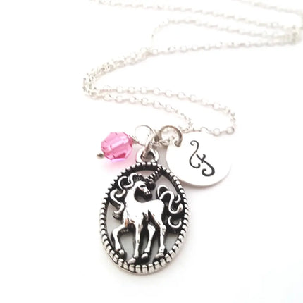 Unicorn Necklace – Sterling Silver with Birthstone & Initial Charm