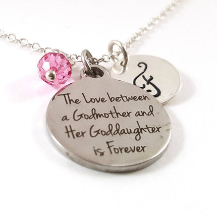 Godmother & Goddaughter Necklace – “The Love Between a Godmother and Her Goddaughter is Forever” – Sterling Silver with Birthstone & Initial
