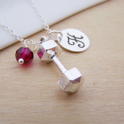 Personalized Dumbbell Necklace – Weightlifting Charm with Sterling Silver Chain & Birthstone