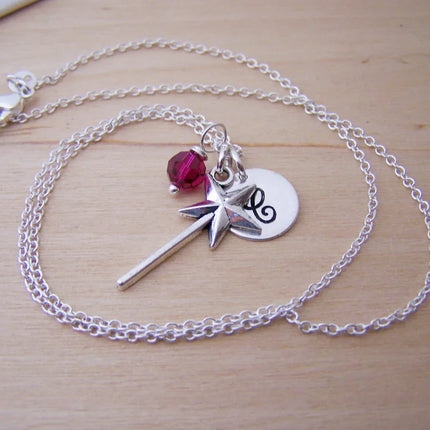 Personalized Magic Wand Necklace – Sterling Silver Chain with Birthstone & Initial