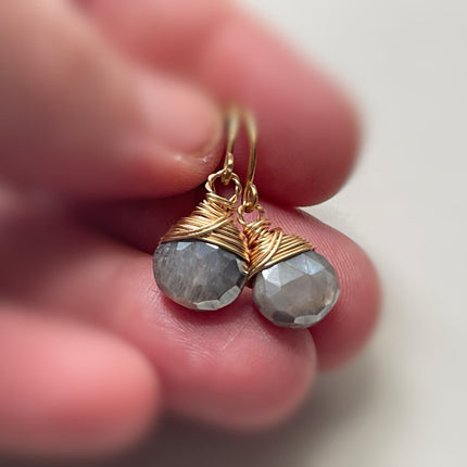 Gray Moonstone Briolette Earrings – Gold Filled Wire Wrapped, 1 Inch