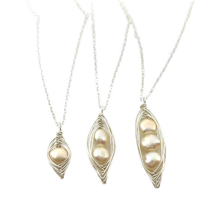 Peapod Necklace Freshwater Pearl Sterling Silver Wire Wrapped Jewelry