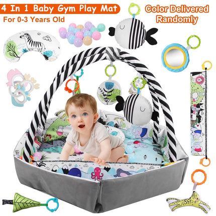 4-in-1 Baby Gym Play Mat Ball Pit with Pillow 18 Balls 9 Toys for 0-3 Years Old