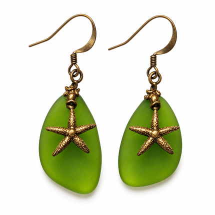 Green Sea Glass & Brass Starfish Earrings