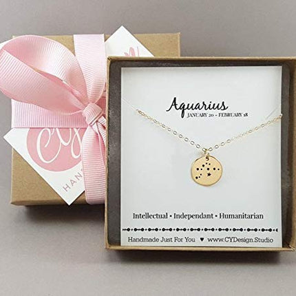 Aquarius Zodiac Necklace – Bronze Constellation Pendant on 14K Gold Filled Chain, Astrology Jewelry Gift