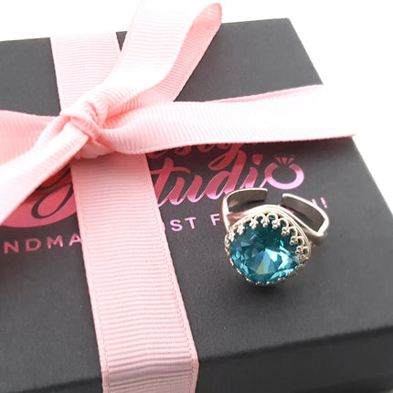 Sterling Silver Blue Topaz Swarovski Ring – Adjustable December Birthstone Statement Ring