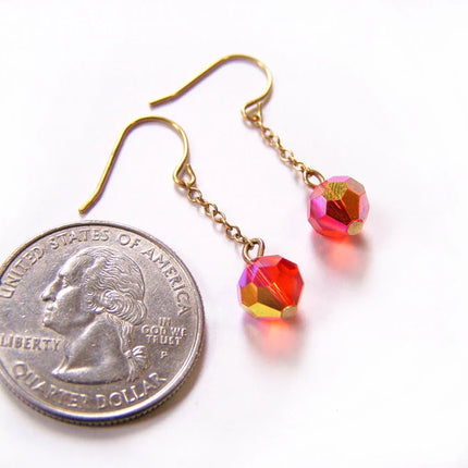 Dainty Red Swarovski Crystal Chain Dangle Gold Brass Earrings / Gift for Her