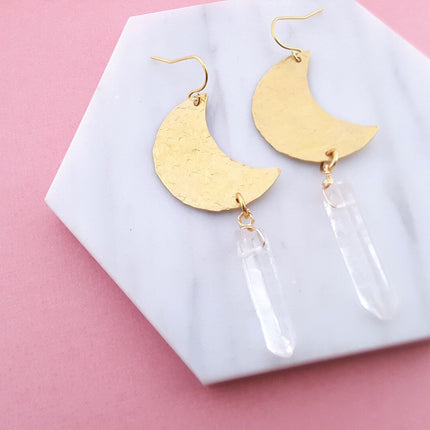 Gold Crescent Moon Crystal Earrings - Drop Earrings - Crystal Earrings