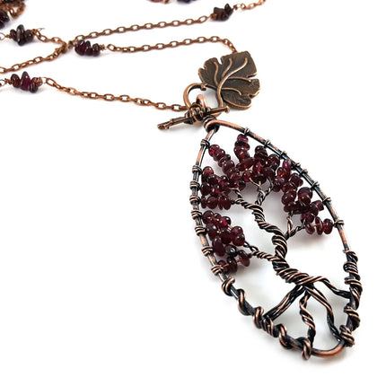Garnet Tree of Life Pendant Necklace – Copper Wire Wrapped, 32 Inch Chain