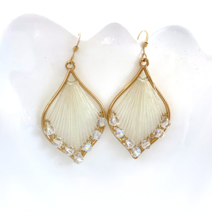 White Woven Thread and Crystal Beaded Earrings