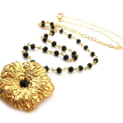 Gold Flower Black Onyx Gemstone Ornate Vintage Inspired OOAK Gold Filled Wire Wrapped Necklace