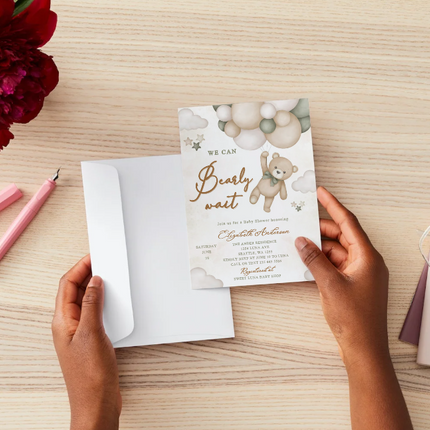 We Can Bearly Wait Baby Shower Invitation – Editable Canva Template