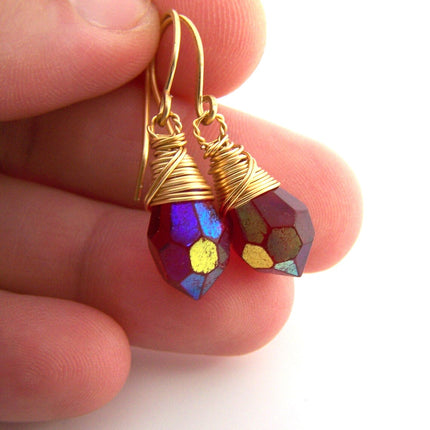 Red Czech Glass Crystal Gold Filled Wire Wrapped Dainty Drop Earrings