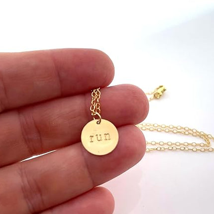 Hand Stamped “Run” Charm – 14k Gold Filled Disc Pendant – Fitness Jewelry for Runners
