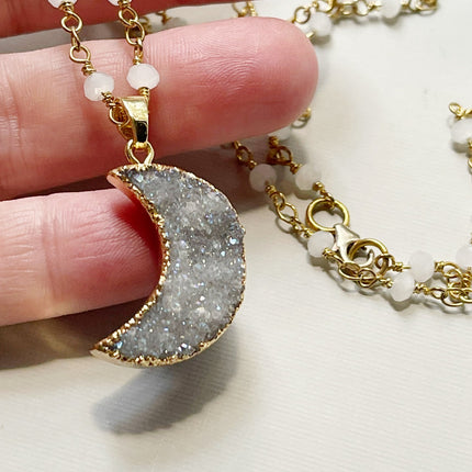 Druzy Moon Necklace – Gold Plated on White Rosary Chain, 21 Inch