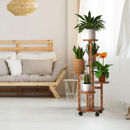 5-Tier Plant Stand with 4 Detachable Wheels Wooden Plant Pot Rolling Shelf