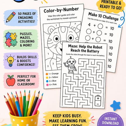 Summer Activity Book for Kids – 50-Page Canva Template with Coloring, Puzzles & Journal Prompts