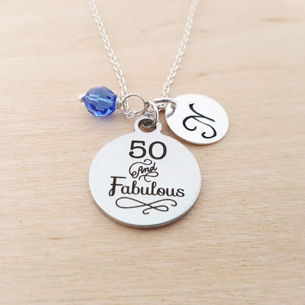 50 and Fabulous Charm Necklace – Birthday Gift with Swarovski Birthstone & Initial | Personalized Jewelry for Her