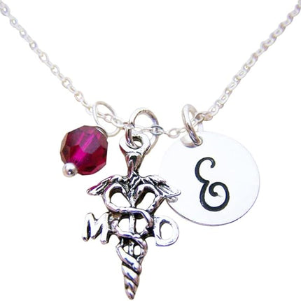 MD Necklace Personalized Initial Birthstone Necklace Doctor Gift Sterling Silver Medical Charm Necklace Graduation Gift for Doctor