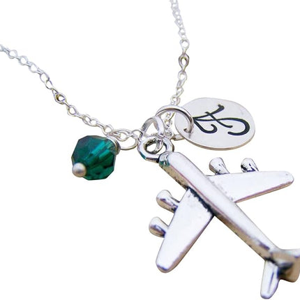 Airplane Charm Necklace – Personalized Initial & Birthstone – Travel Gift