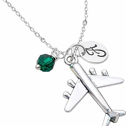 Airplane Charm Necklace – Personalized Initial & Birthstone – Travel Gift
