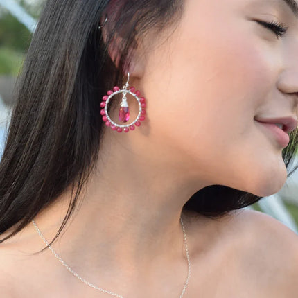 Pink Sapphire and Rubellite Gemstone Wire Wrapped Hoop Earrings