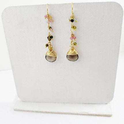 Smokey Topaz and Rainbow Tourmaline Gemstone 14k Gold Filled Earrings
