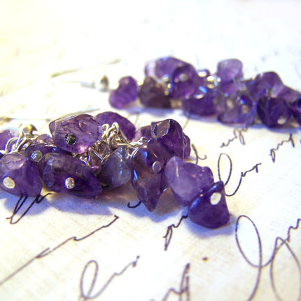 Amethyst Gemstone Wire Wrapped Cluster Sterling Silver Earrings