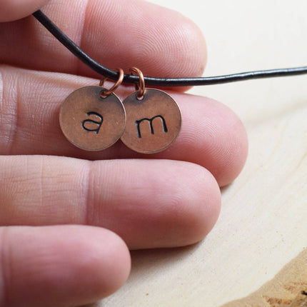 Personalized Copper Initial Necklace for Men – Hand Stamped Leather Cord Necklace – Custom Initial Jewelry Gift for Him