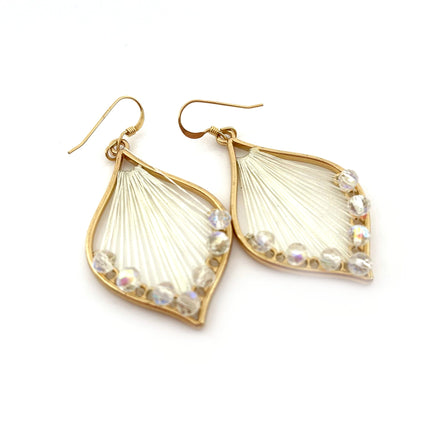 White Woven Thread and Crystal Beaded Earrings