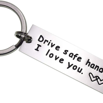 “Drive Safe Handsome, I Love You” Keychain – Pewter Charm on Stainless Steel Ring