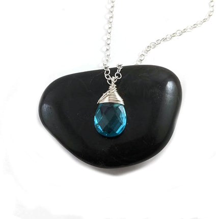 Blue Topaz Quartz Necklace December Birthstone Sterling Silver Wire Wrapped Briolette Pendant Gift for Her