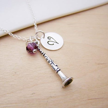Personalized Clarinet Charm Necklace – Initial Pendant, 18 Inch Sterling Silver Chain, Music Gift