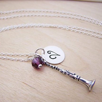 Personalized Clarinet Charm Necklace – Initial Pendant, 18 Inch Sterling Silver Chain, Music Gift