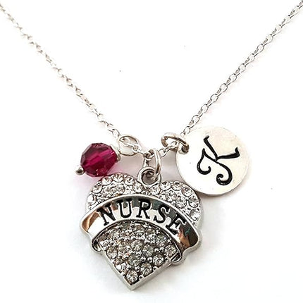 Sparkly Nurse Necklace with Birthstone Crystal & Initial Charm – Sterling Silver 18" Chain – Personalized Nurse Gift