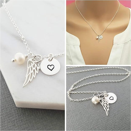 Angel Wing Necklace With Pearl & Heart Disc