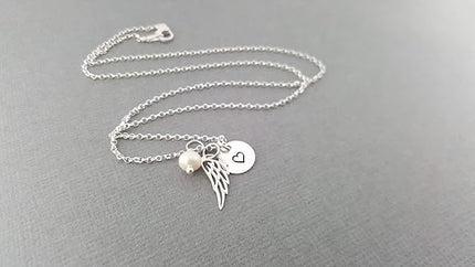 Angel Wing Necklace With Pearl & Heart Disc