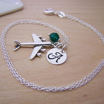 Airplane Charm Necklace – Personalized Initial & Birthstone – Travel Gift